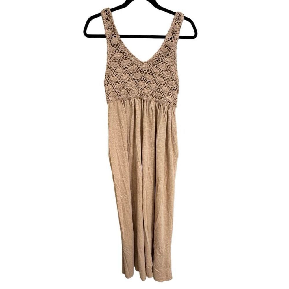 Aerie Tan Koko Brown Boho Crochet Knit Maxi Dress Medium NWT